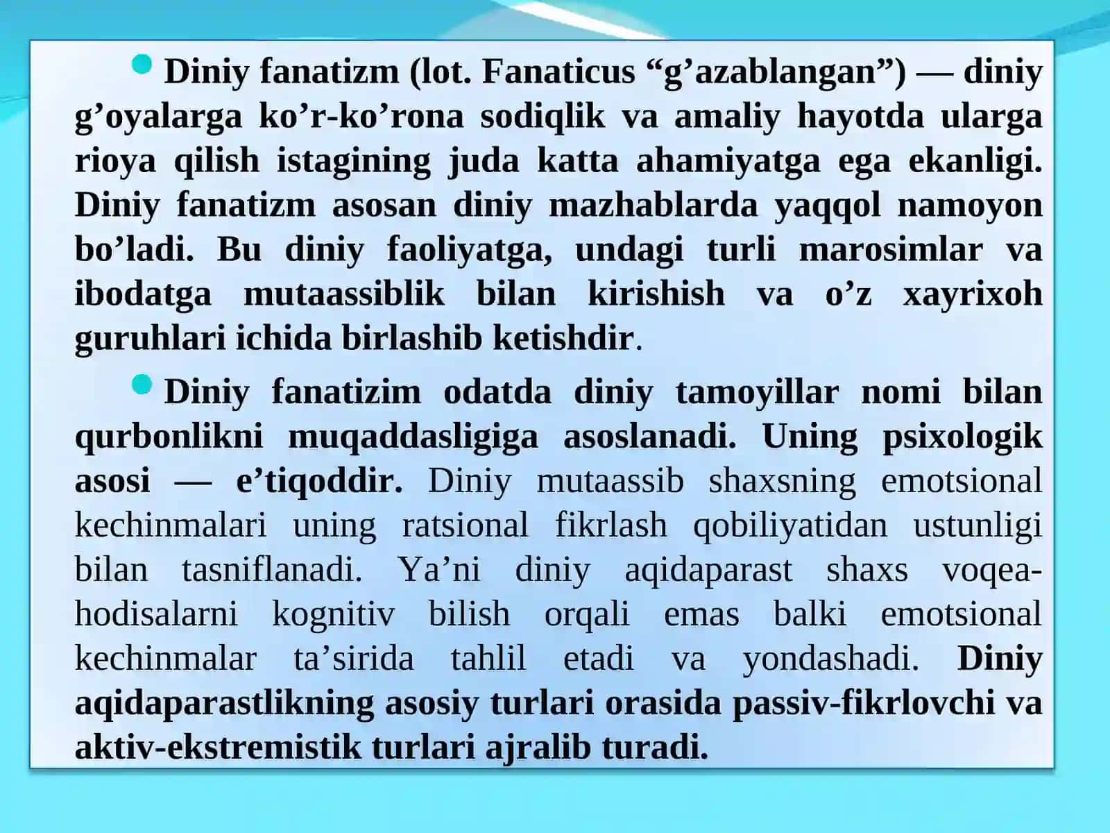 Diniy fanatizm, ekstremizm, fundamentalizm, terrorizmning tarixi va ularning hozirgi davrda xavfsizlikga tahdidi 4