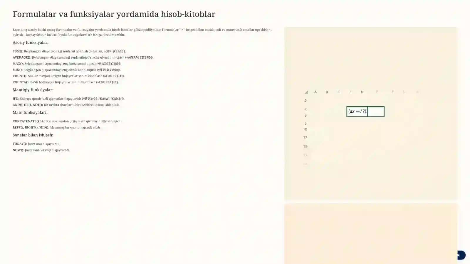 Microsoft Excel: Ma'lumotlarni Ko'rish, Qayta Ishlash va Umumlashtirish 4