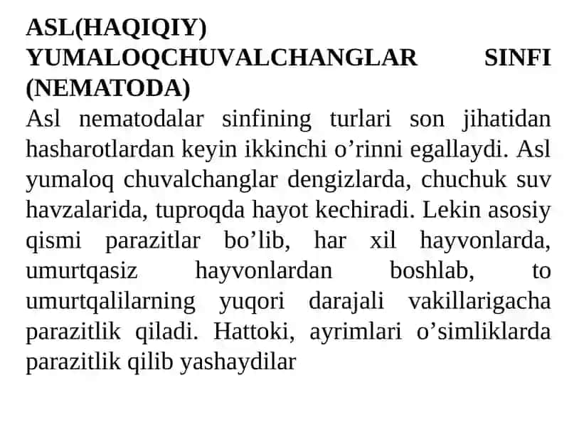 Odamlarda parazitlik qiluvchi yumaloq chuvalchanglar (askarida, ostritsa, qil boshli gijja) - Amaliy mashg’ulot 4