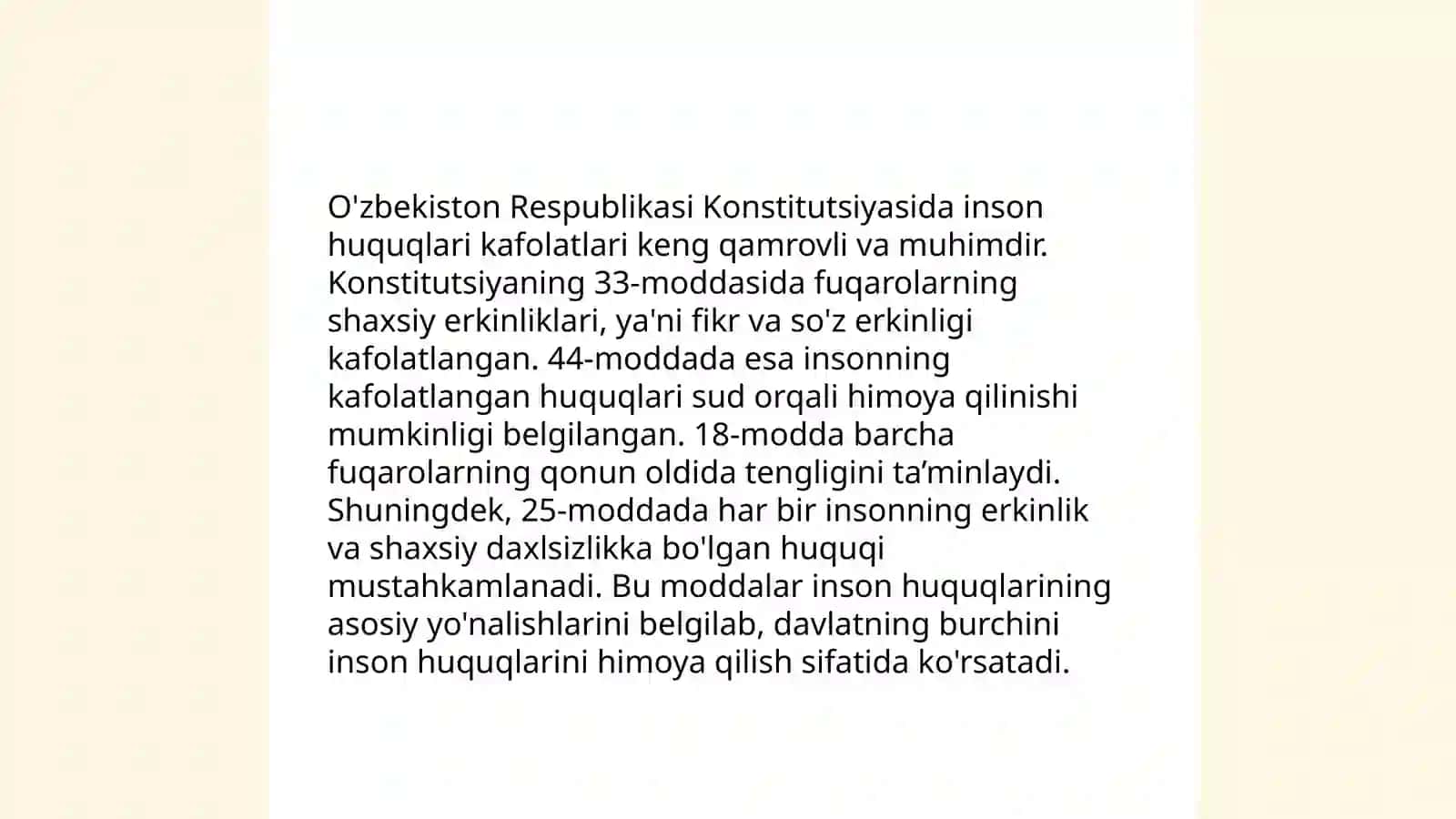 Yangi Oʻzbekistonda inson haq-huquqlari va erkinliklari kafolatlarining yaratilishi 4