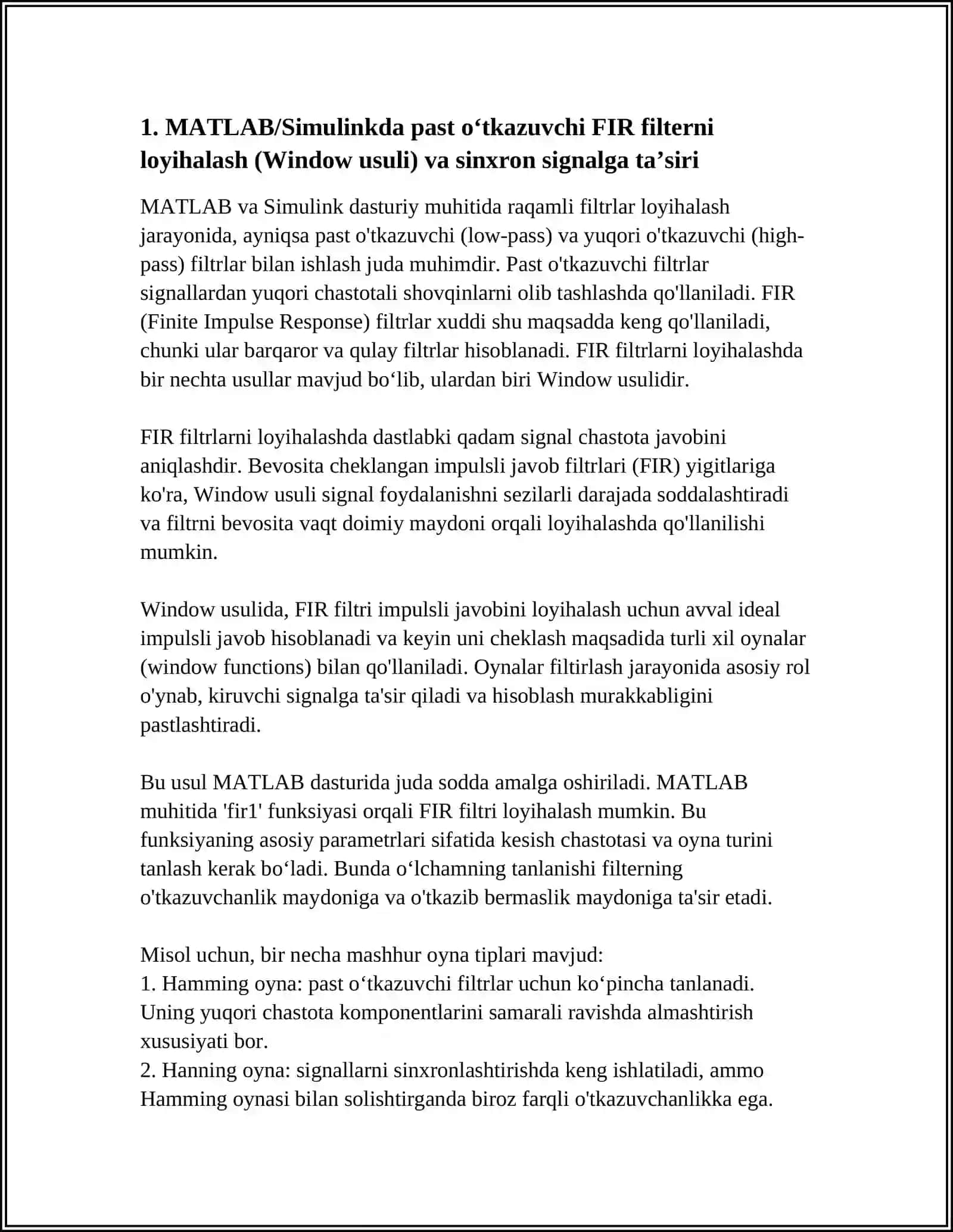 MATLAB SIMULINK DASTURIY MUHITIDA PAST VA YUQORI CHASTOTALI RAQAMLI FILTERLARNI LOYIHALASH VA ULARNING SINXRON SIGNALLARGA TAʼSIRINI MODELLASHTRISH 4