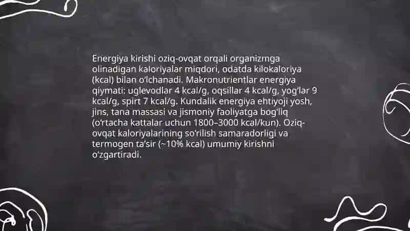 Organizmda asosiy energiya almashinuv tenglamasi va uni tashkil etuvchilari 4