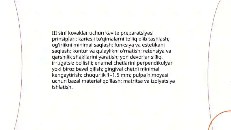 Blek bo’yicha lll-lV sinf karioz kovaklar tasnifi 4
