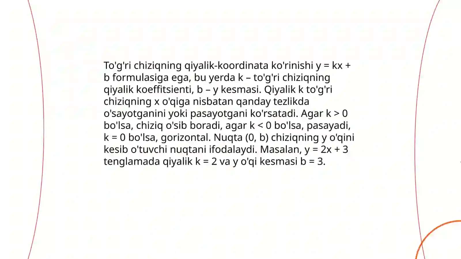 Tekislikda to'g'ri chiziqning umumiy tenglamasi va uning turlari xususiy ko'rinishlari 4