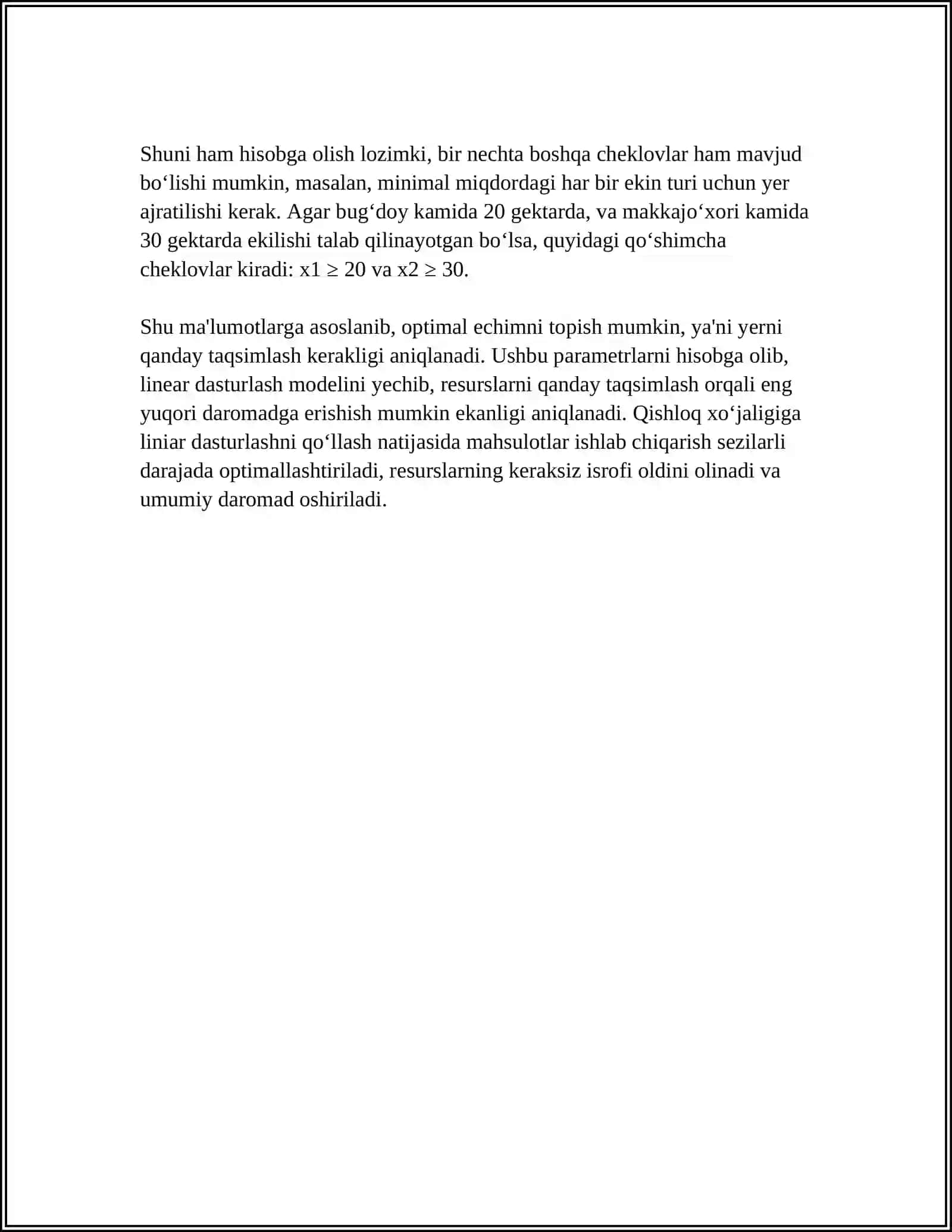 EKIN MAYDONLARINING OPTIMAL JOYLASHTIRISHNING CHIZIQLI MODELINI TUZISHGA AMALIY MASALALAR YECHISH 4