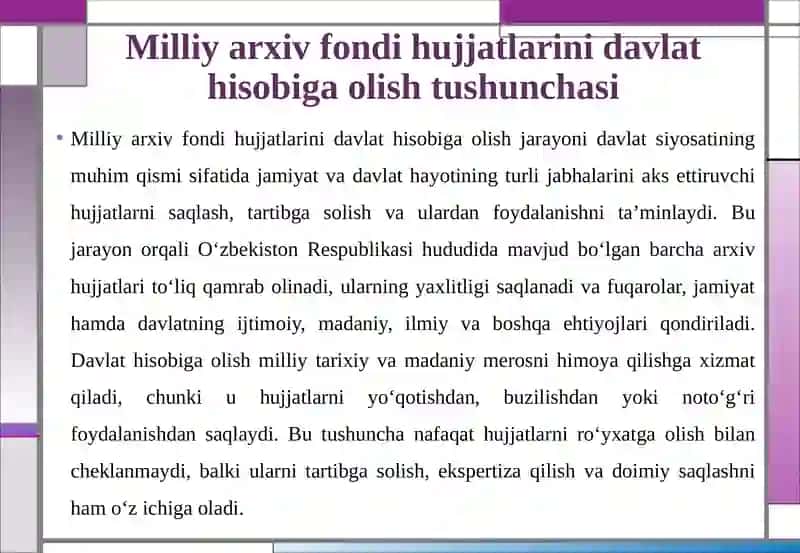 O‘zbekiston Respublikasi Milliyarxiv fondi hujjatlarini davlat hisobiga olish varo‘yxat dano‘tkazish Taribi 4