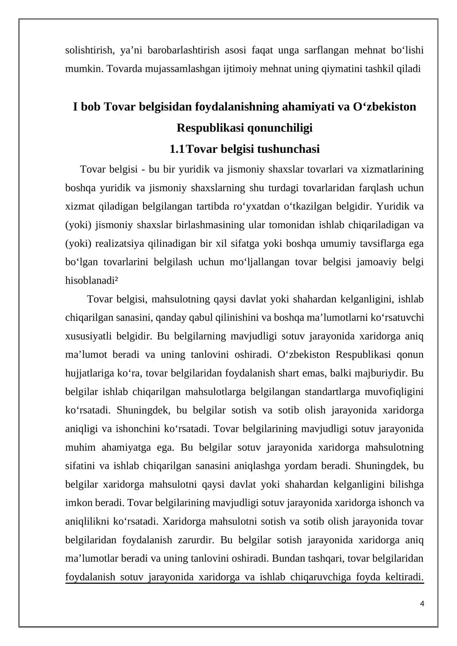 “TOVAR BELGISIDAN FOYDALANISHNING AHAMIYATI VA O‘ZBEKISTON RESPUBLIKASI QONUNCHILIGI” MAVZUSIDAGI KURS ISHI 4