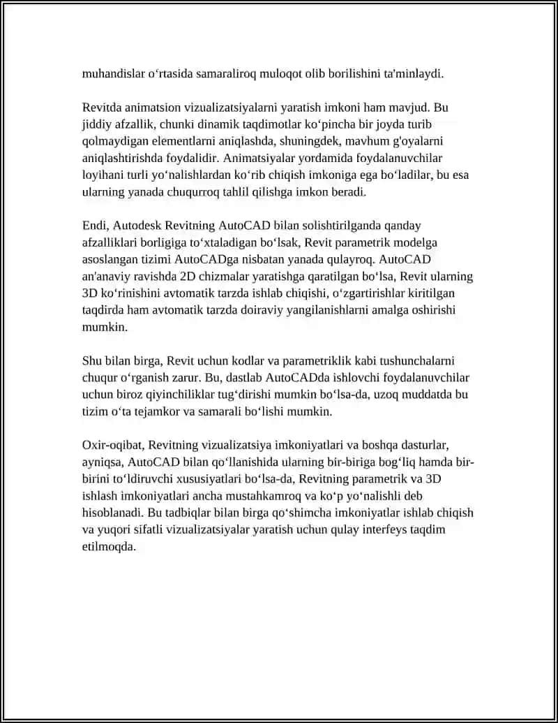 AUTODESK REVIT DASTURIDA VIZUALIZATSIYA VA (AUTOCAD) BOSHQA DASTURLAR BILAN TAQQOSLASH 4