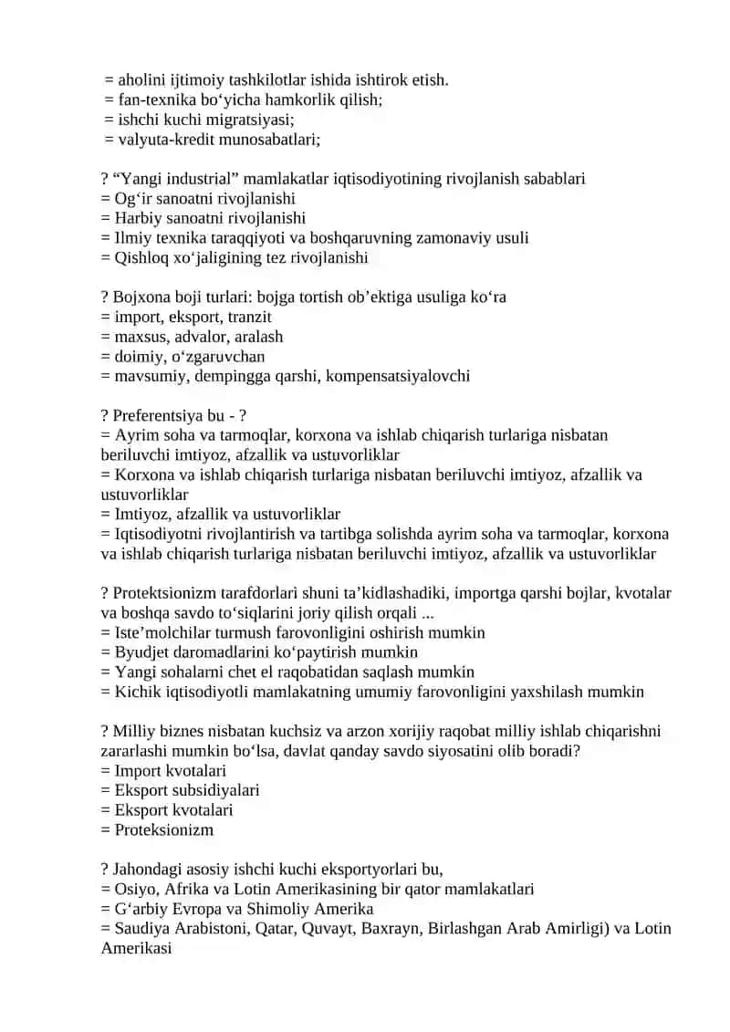 Jahon Iqtisodiyoti fanidan yakuniy test savollari 4