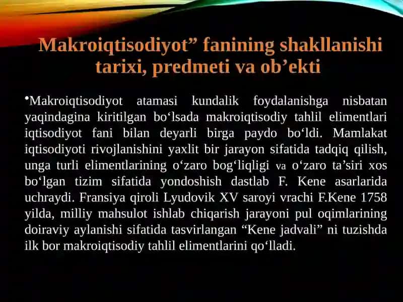 Makroiqtisodiyotga kirish. Asosiy makroiqtisodiy ko‘rsatkichlar. Inflyasiya va inflyasiyaga qarshi siyosat. Yalpi talab va yalpi taklif modeli. 4