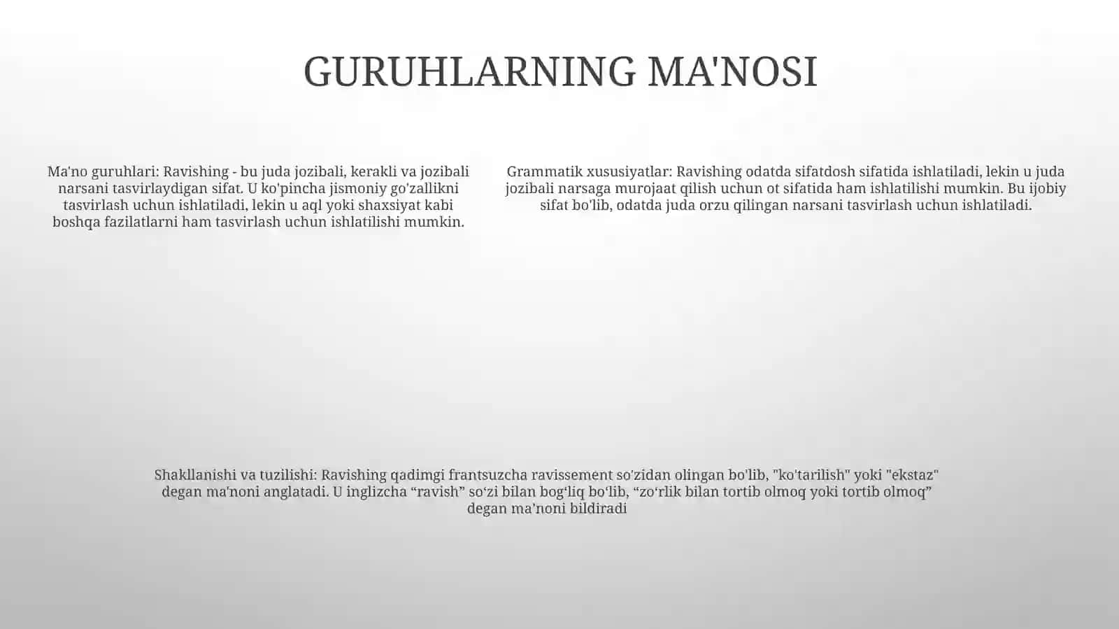 Ravishning TaʼRifi Leksik Grammatik Xususiyatlari MaʼNo Guruhlari.Ravishlarda Daraja, Ravishlarning Yasalishi Va Tuzilishi 4