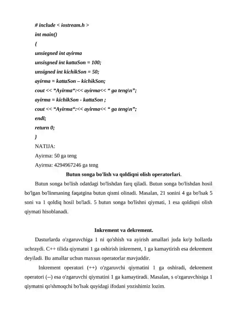 C++ TILIDA TARMOQLANUVCHI OPERATORLAR 4