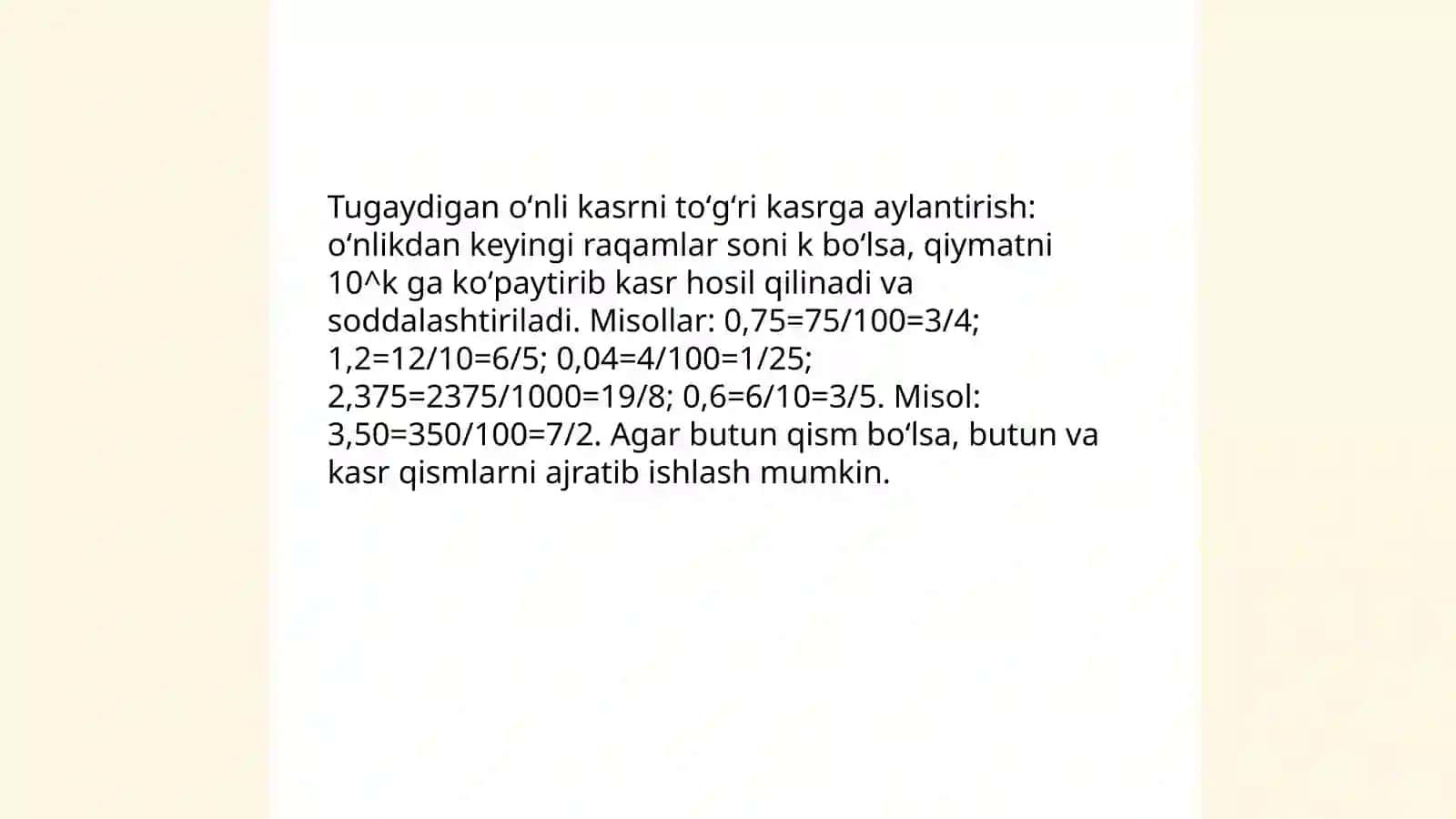 Oʻnli kasrni toʻgʻri kasr koʻrinishida ifodalash 4