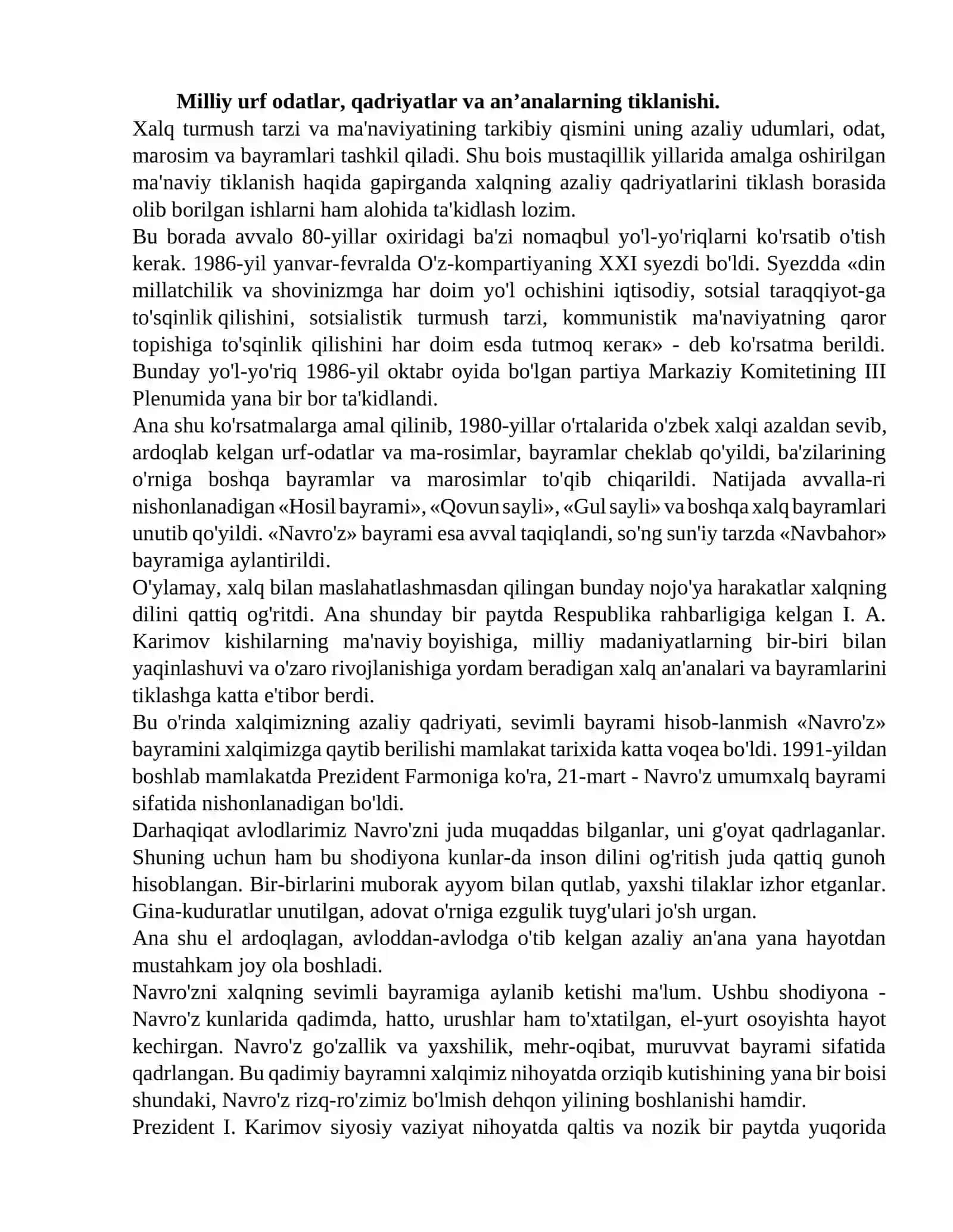 Mustaqillik yillarida Oʻzbekistonda milliy urf-odatlar, qadriyatlar va an'analarning qayta tiklanishi. 4