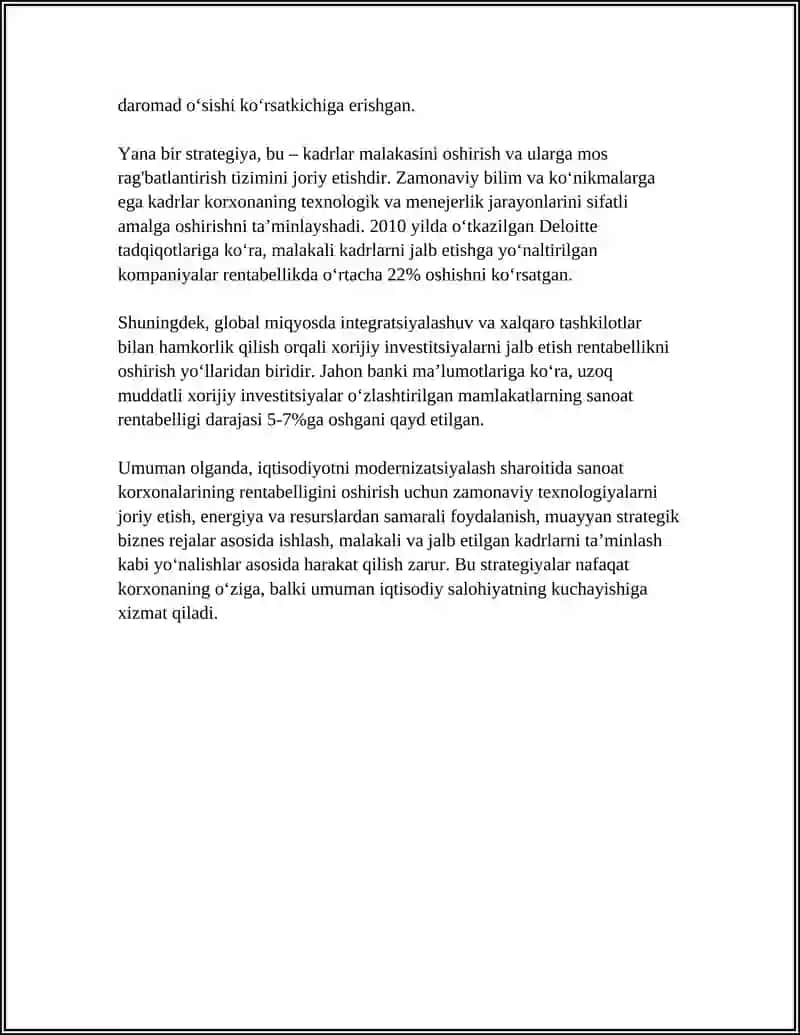 IQTISODIYOTNI MODERNIZATSIYALASH SHAROITIDA SANOAT KORXONASI RENTABELLIGINI OSHIRISH 4