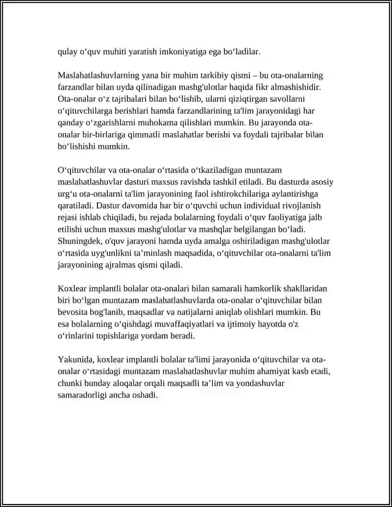 KOXLEAR IMPLANTLI BOLALAR OTA ONALARI BILAN HAMKORLIK SHAKILLAR 4