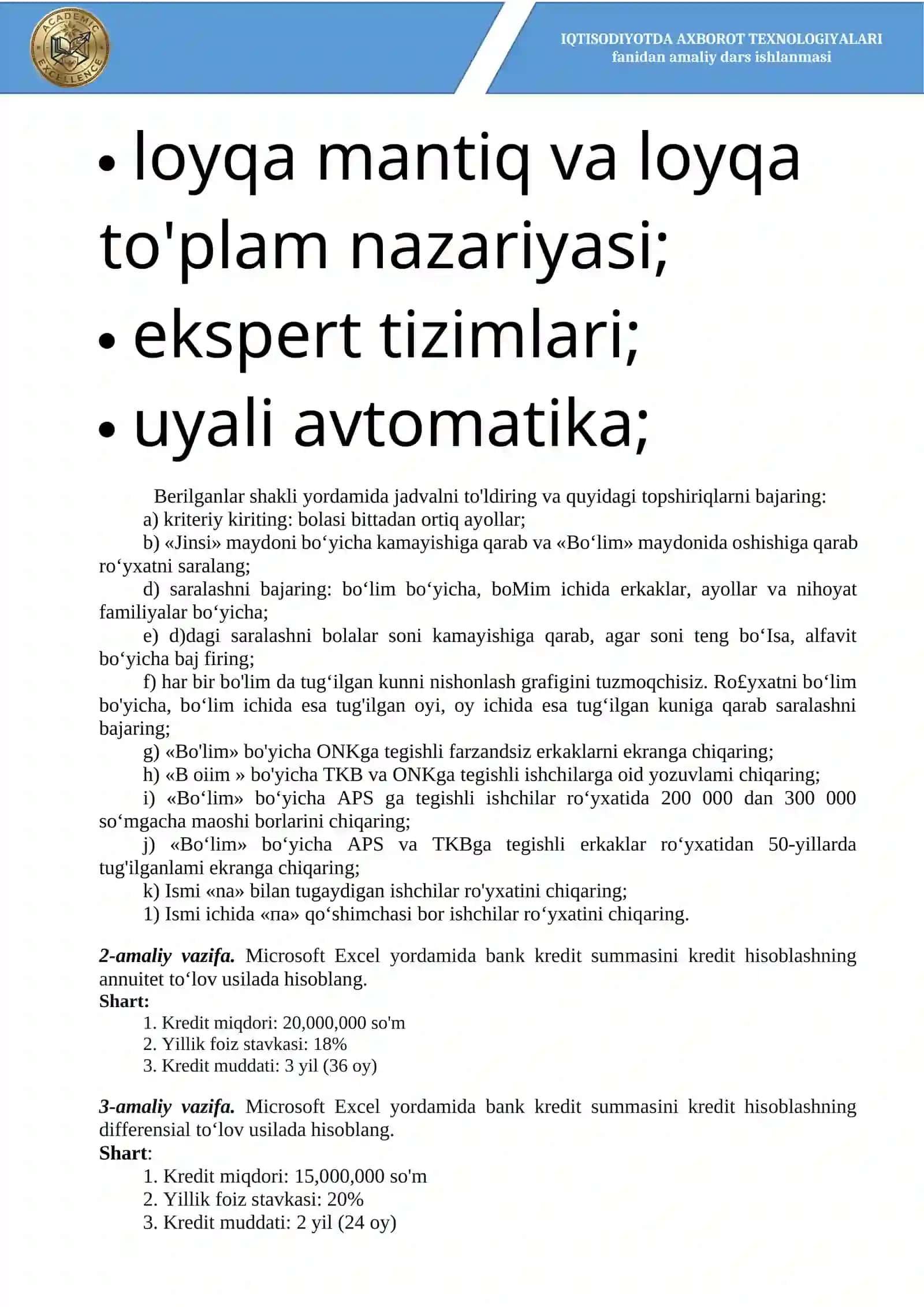 Excelda iqtisodiy hisob-kitoblar amaliy dars ishlanmasi 4