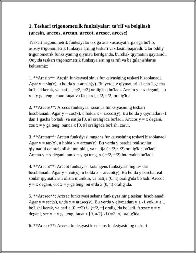 TESKARI TRIGONOMETRIK FUNKSIYALAR VA ULARNING GRAFIKLARI 4