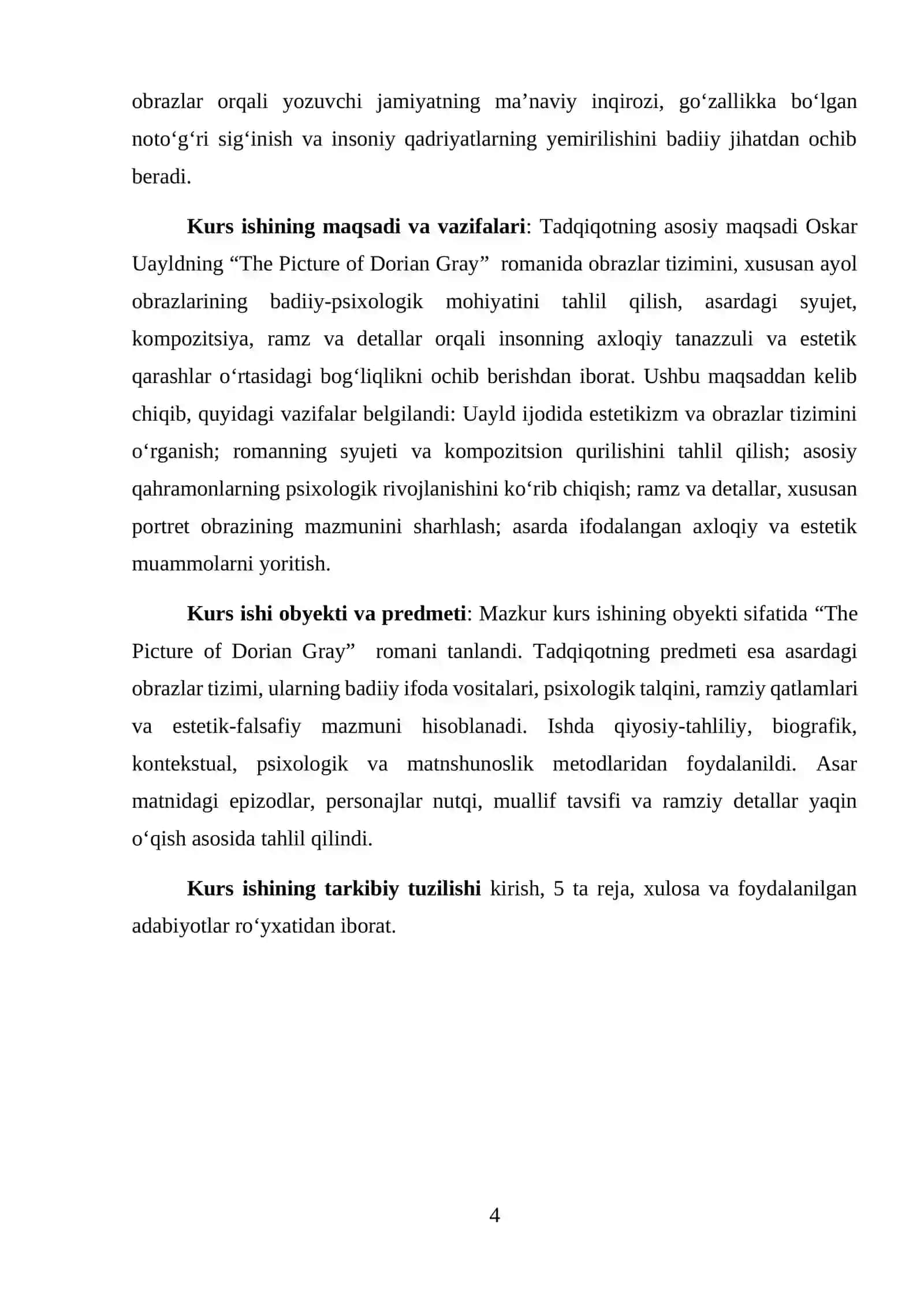 Oskar Uayldning “The Picture of Dorian Gray“ asarida estetizm va axloq qarama-qarshiligi mavzusidagi KURS ISHI 4