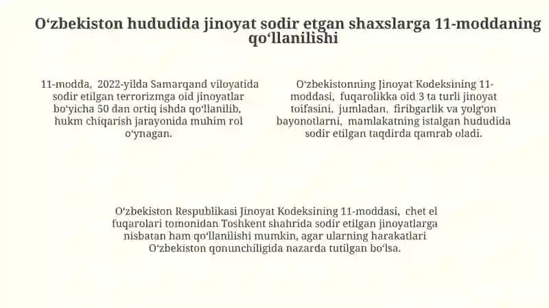 11-modda. Kodeksning O‘zbekiston hududida jinoyat sodir etgan shaxslarga nisbatan amal qilishi 4