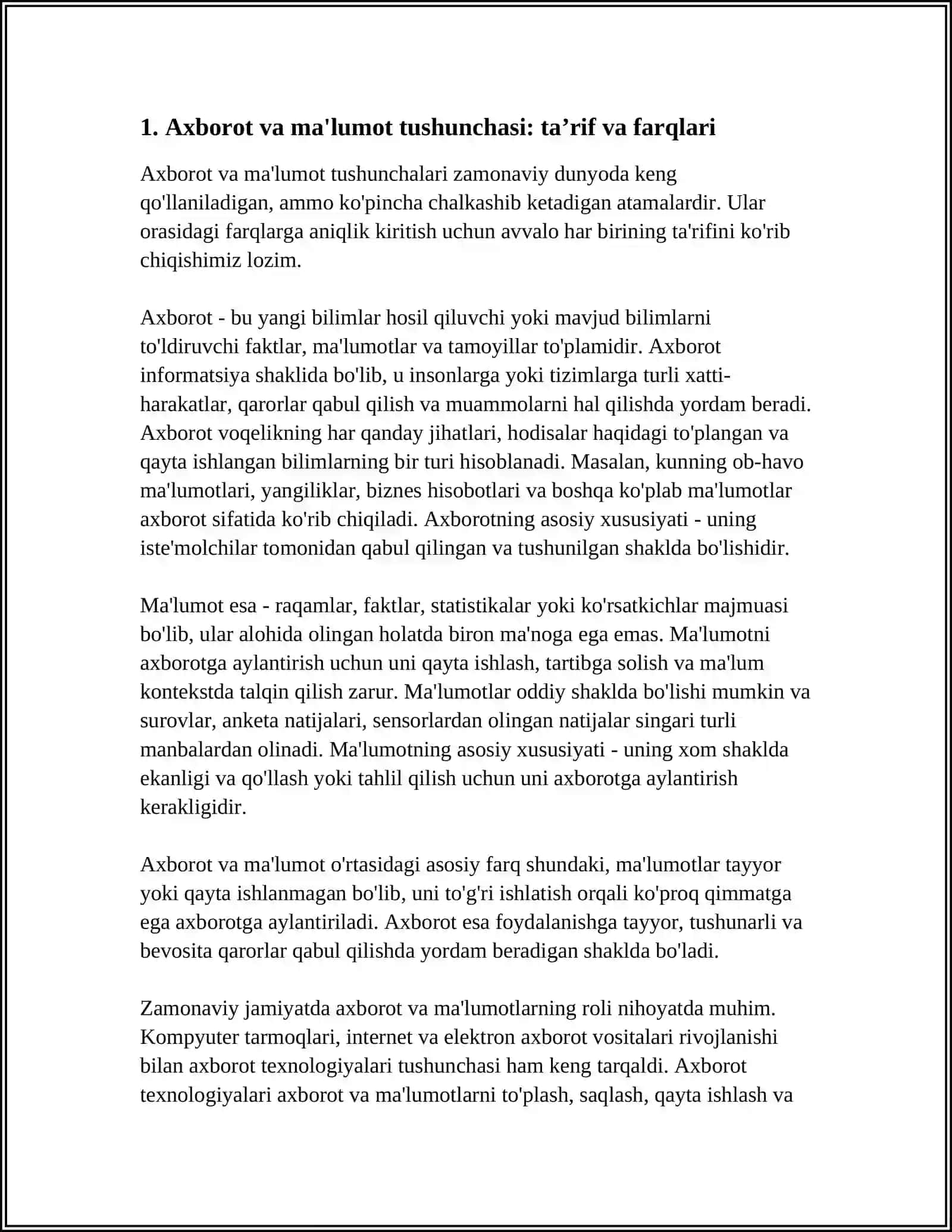 Axborot va malumot tushunchalarni axborotlarni taqdim etish shakllari uzluksiz va diskreb axborotlar 4