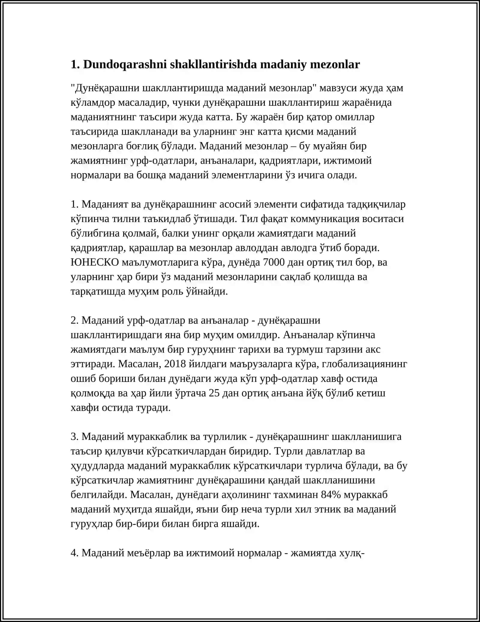 MUSTAQIL ISH Mavzu: DUNDOQARASHNI SHAKLLANTIRISHDA MADANIY MEZONLARI VA UMMUMADANIY DUNYOQARASHNING OMILLARI, AXBOROT TAHDIDLARI, DINIY EXTREMIZM VA BOSHLARI 4