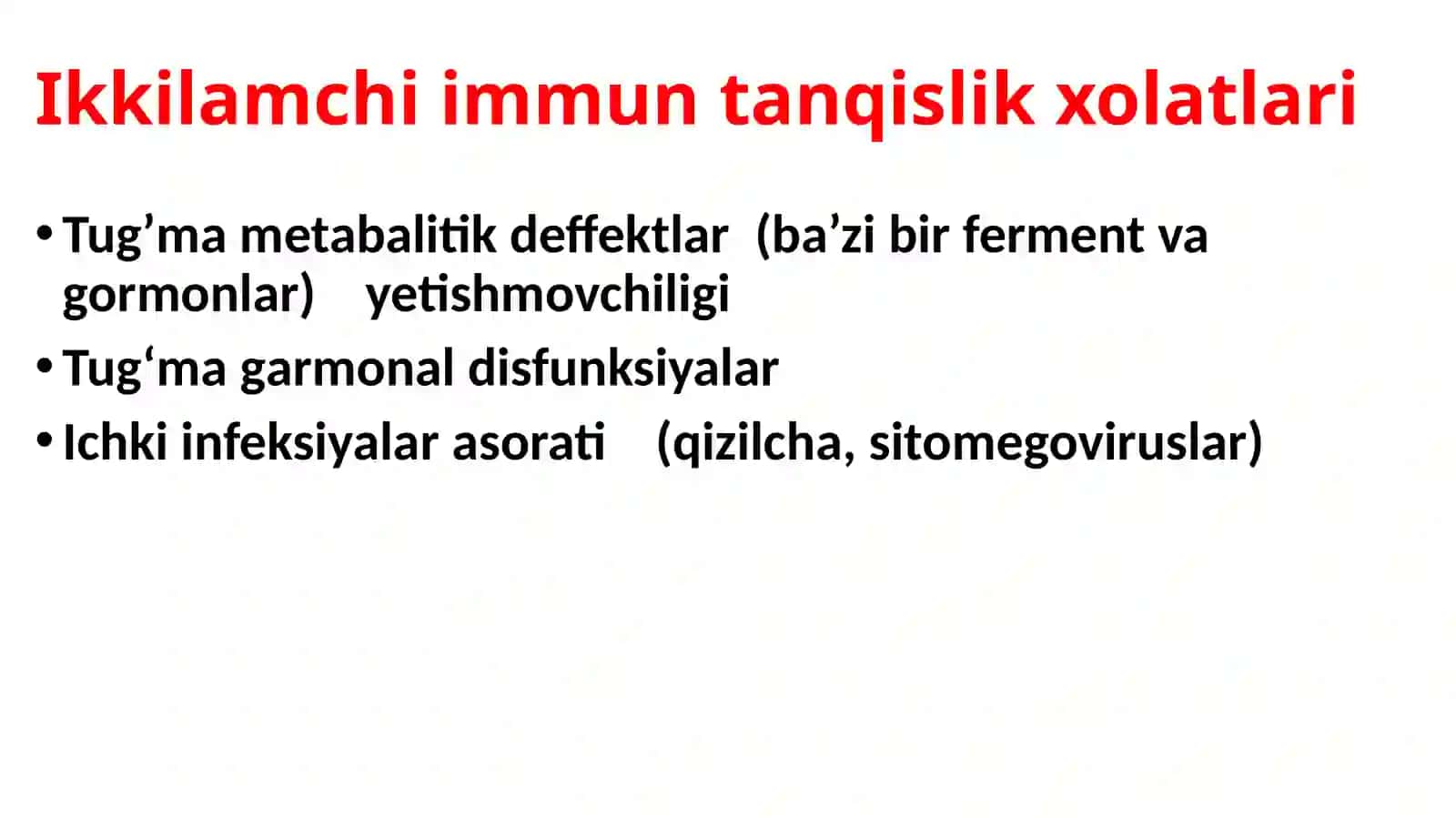 Immuntanqislik xolatlari. Immunsistemaga baxoberish usullari va ularning praktik ahamiyati. Vaktsinalar va immunzardoblar, ularning turlari, olinishi, tibbiyot amaliyotida qoʼllanilishi 4