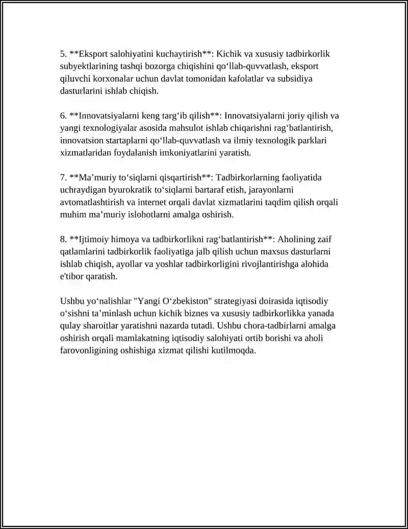 YANGI O‘ZBEKISTON TARAQQIYOT STRATEGIYASIDA KICHIK BIZNES VA XUSUSIY TADBIRKORLIKNI RIVOJLANTIRISH VAZIFALARI 4