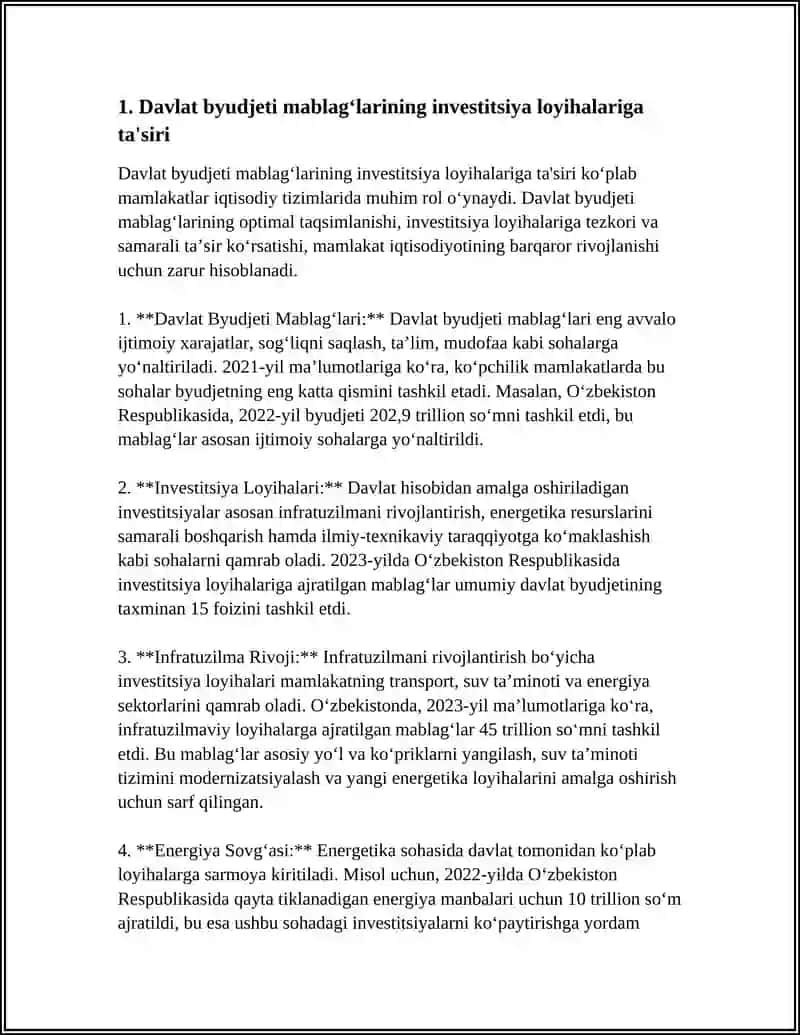 INVESTITSIYA LOYIHALARINI MOLIYALASHTIRISHDA DAVLATBYUDJETI MABLAG‘LARINING AHAMIYATI 4