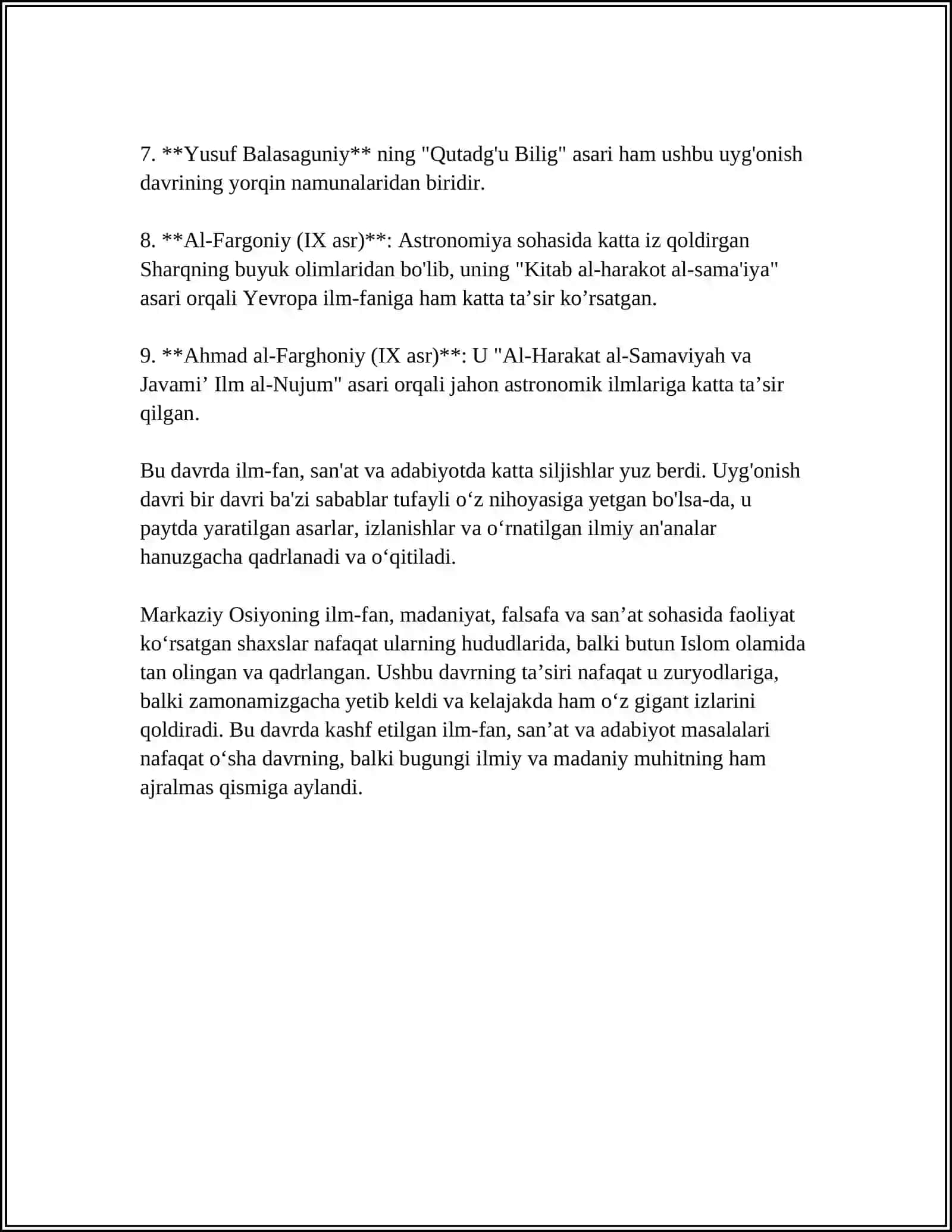 9-12 ASRLARDA MAMLAKATIMIZ HUDUDIDA RO'Y BERGAN MADANIY UYG'ONISH.(RENESSANS).BUYUK ALLOMALARNING JAHON SIVILIYATSIYASIGA QO'SHGAN HISSASI REFERAT 4