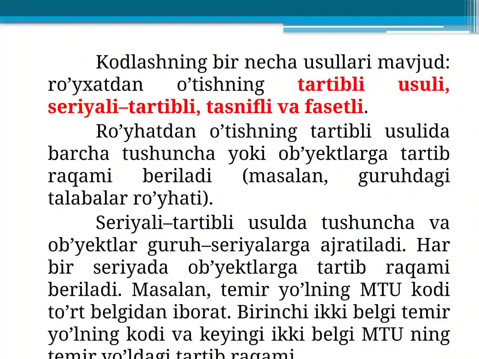 TYTBATning axborot ta’minoti: temir yo’l transporti ma’lumotlarini va obyektlarini kodlash 4