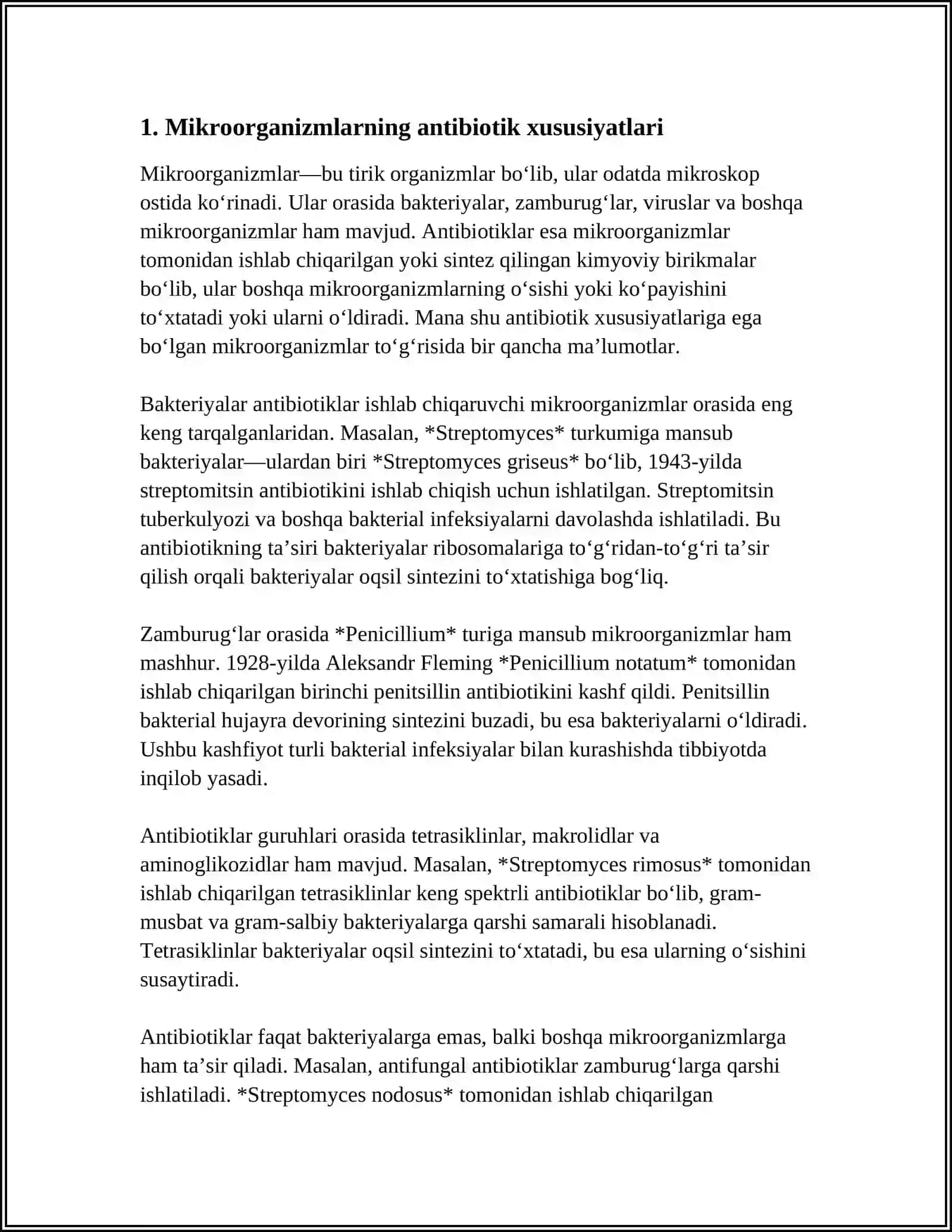 MIKROORGANIZMLARNING ANTIBIOTIK XUSUSIYATLARI OQAVA SUVLARNI MIKROORGANIZMLAR YORDAMIDA TOZZALASH 4