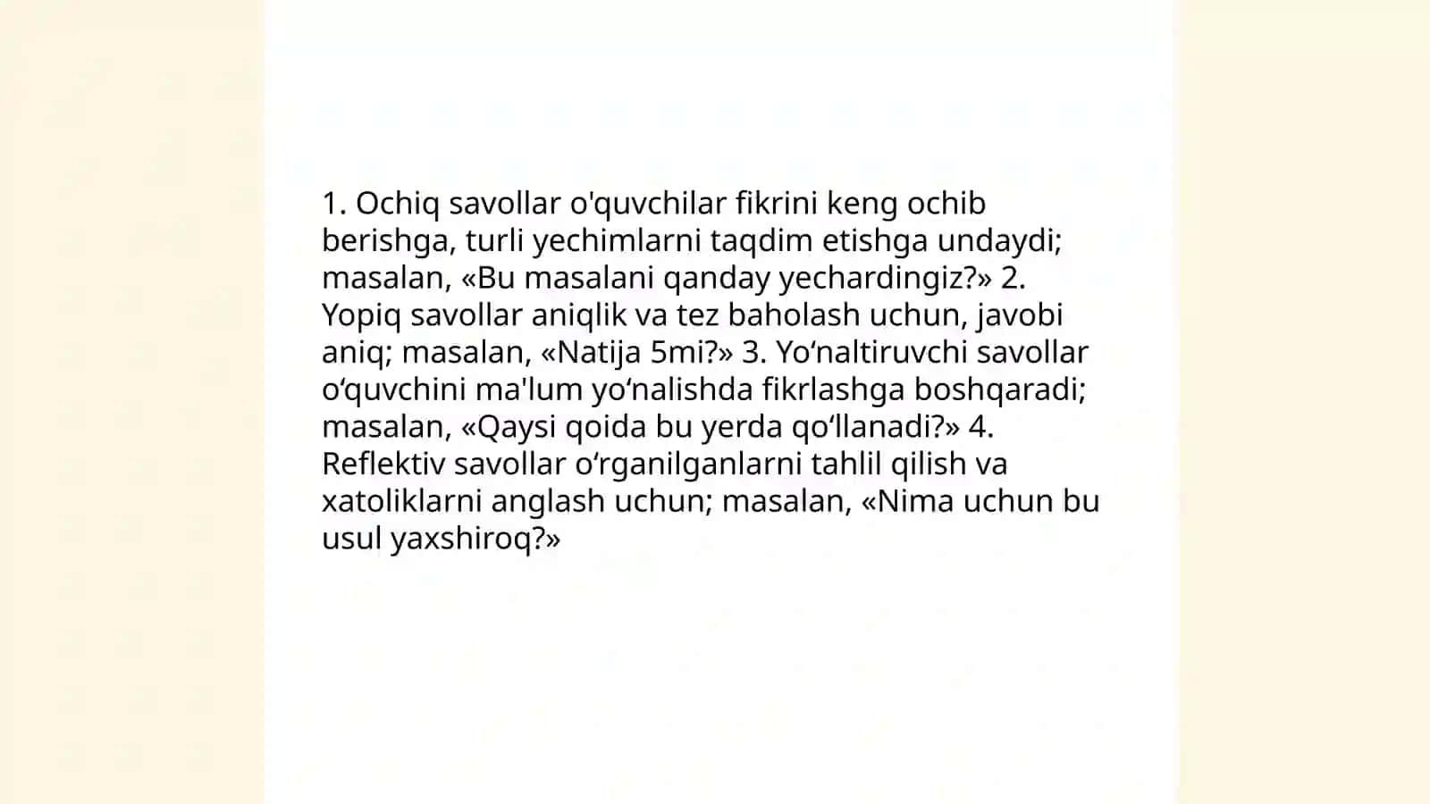 Matematika darslarida mulohaza yuritish,fikrlashga undovchi savollar yordamida darsni tashkil qilish metodikasi 4