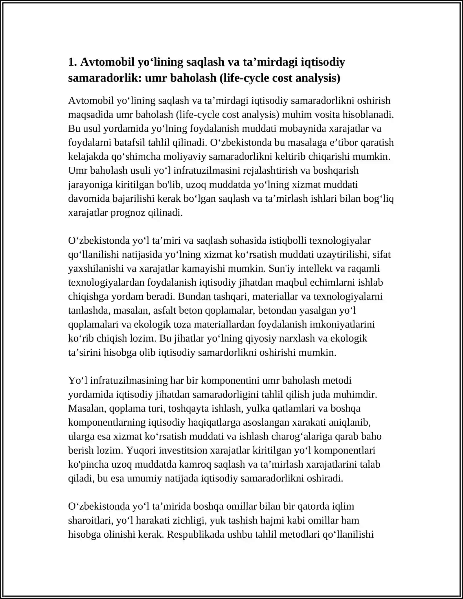 AVTOMOBIL YOʻLINING SAQLASH VA TA'MIRLASHDA IQTISODIY SAMARADORLIK 4