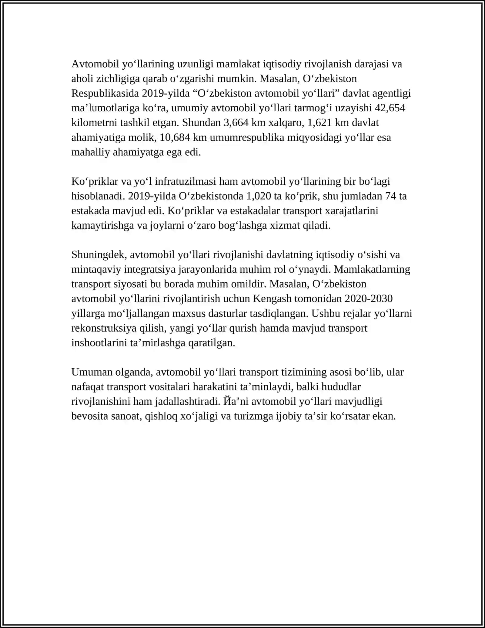 AVTOMOBIL YO’LLARI HAQIDA UMUMIY TUSHUNCHALAR. (O’ZBEKISTON RESPUBLIKASI MISOLIDA) 4