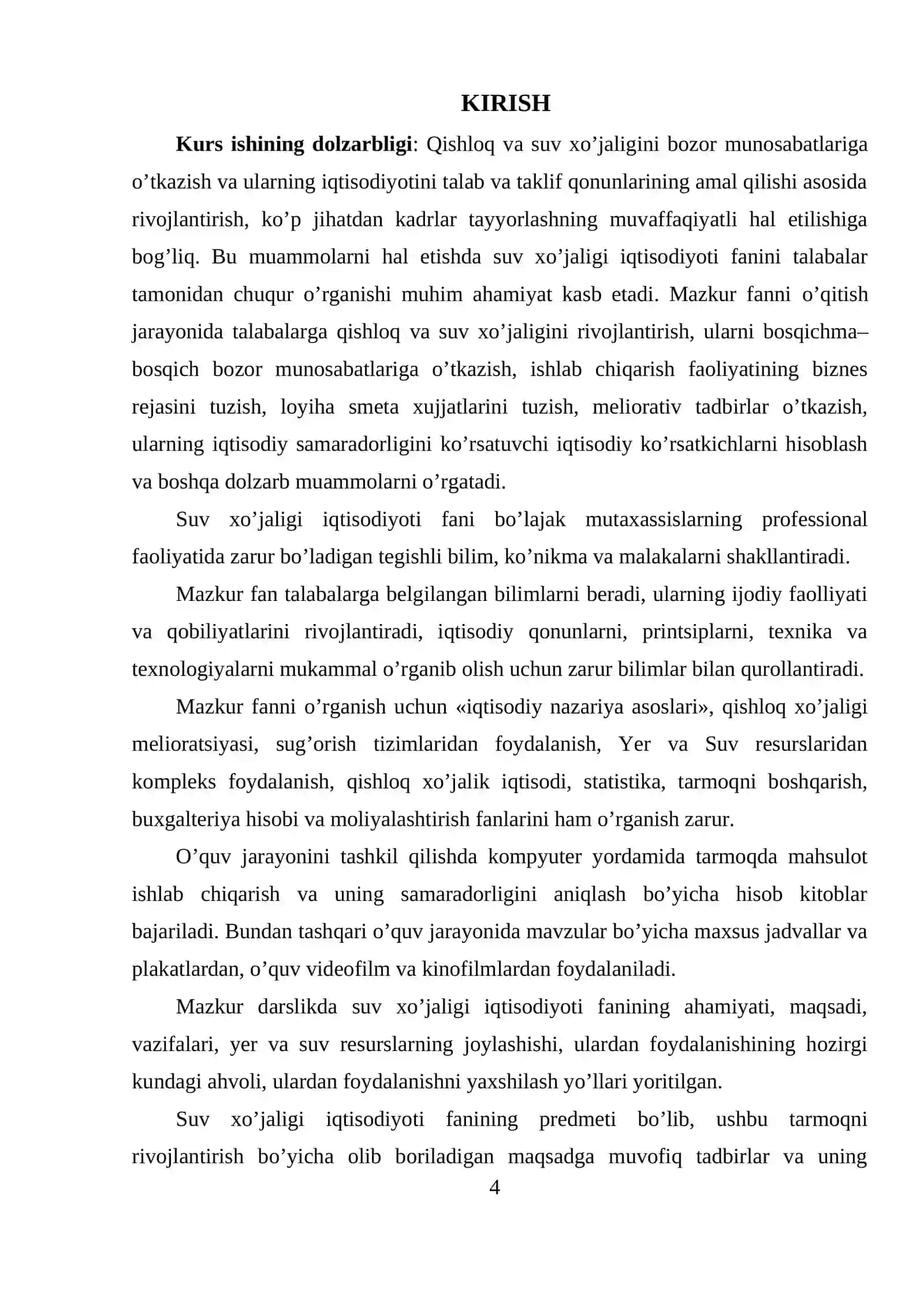 O‘zbekiston respublikasida qishloq va suv xo‘jaligi tarmoqlarida faoliyat yurutuvchi xo‘jalik subyektlarini moliyaviy qollab-quvvatlashning asoslari mavzusida kurs ishi 4