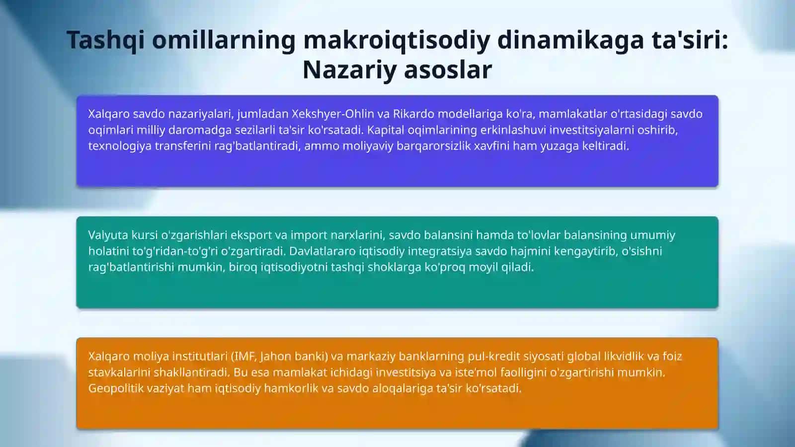 Tashqi omillar, inson kapitali va texnik taraqqiyot. Dinamik makroiqtisodiyotdagi hodisalar va gʻoyalarning oʻzaro taʼsiri. 4