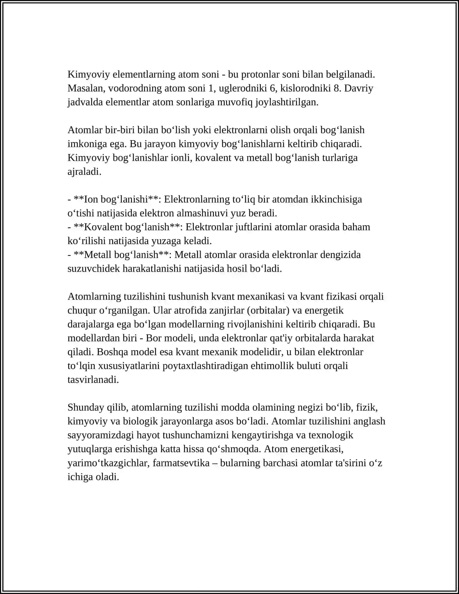 ATOM — MOLEKULYAR TA’LIMOT. KIMYOVIY ELEMENTLARNING TIZIMLANISHI. KIMYOVIY ELEMENTLAR DAVRIY JADVALI, UNING TUZILISHI DAVRIY QONUN 4
