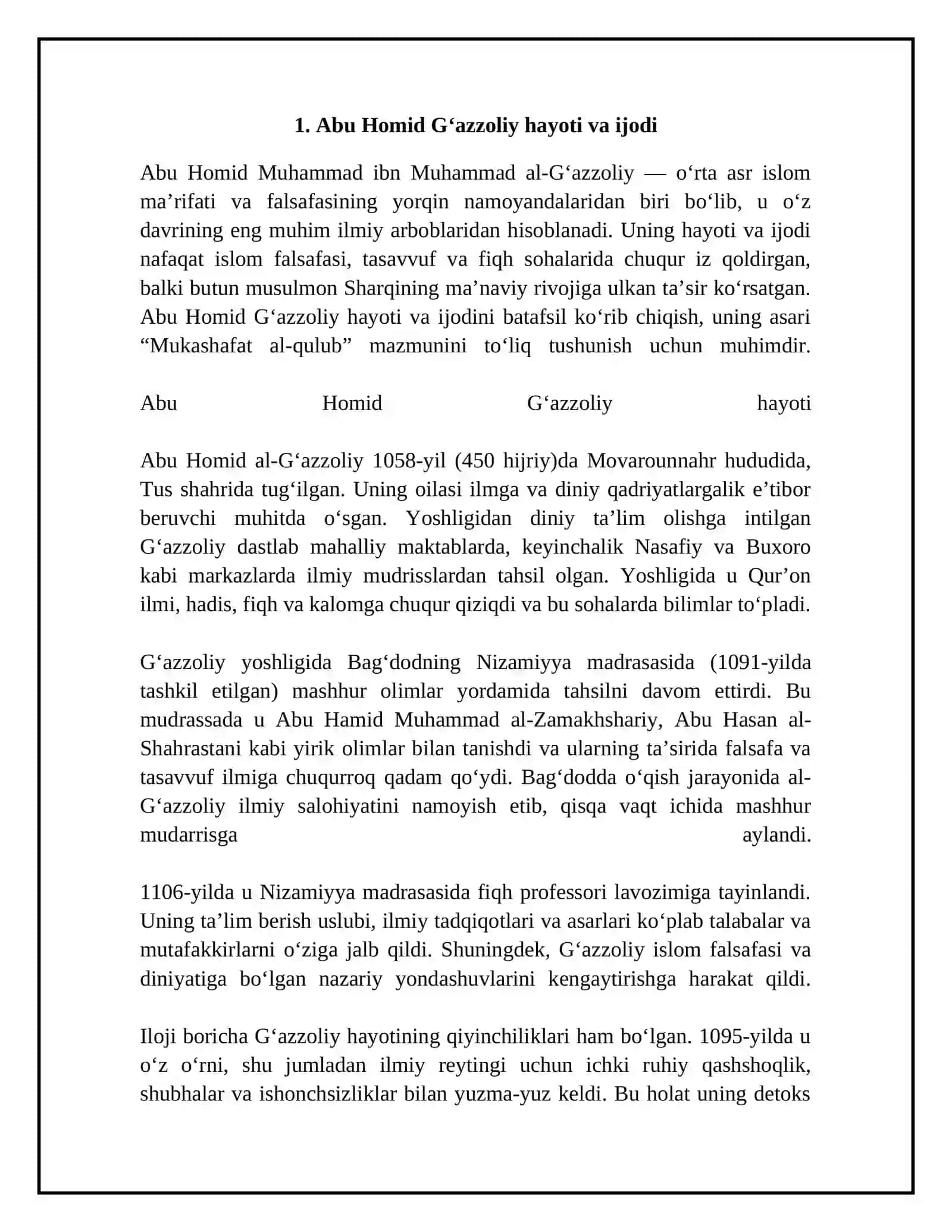 Abu Homid Gʻazzoliyning “Mukoshafatul qulub” asarining mazmuni 4