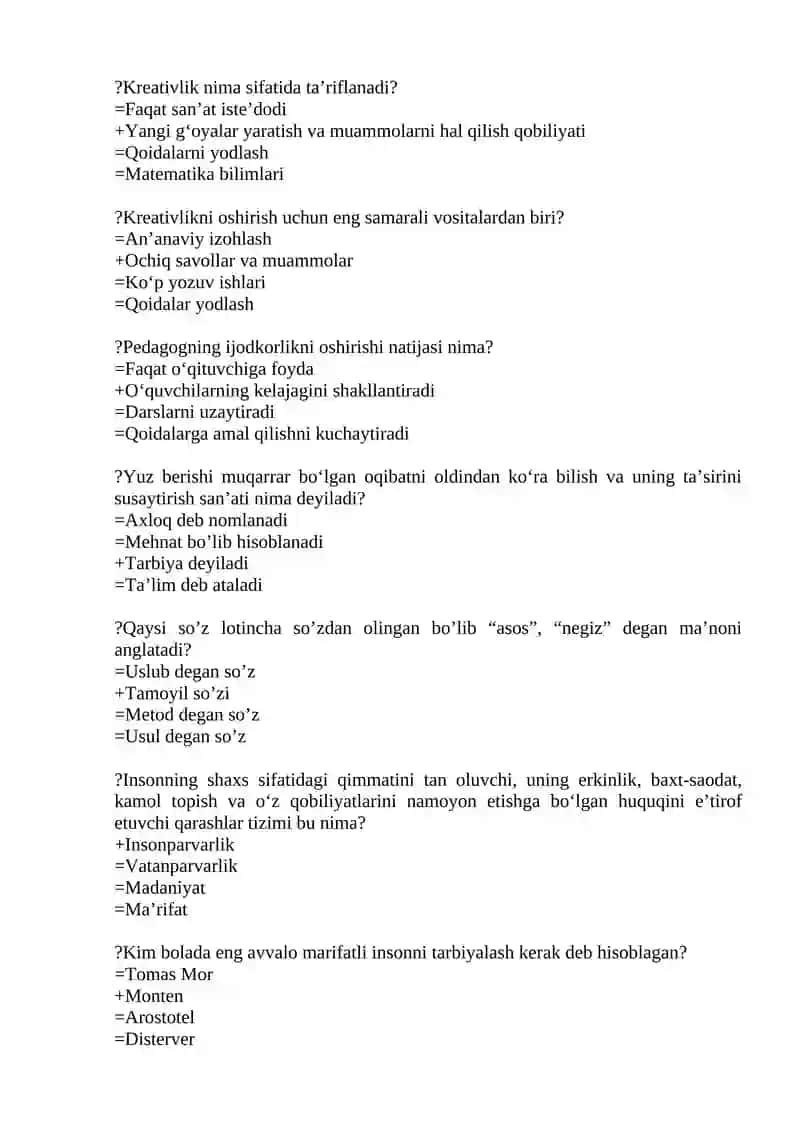 “GENERAL PEDAGOGY” fanidan UZB yo‘nalishi talabalari uchun test 4