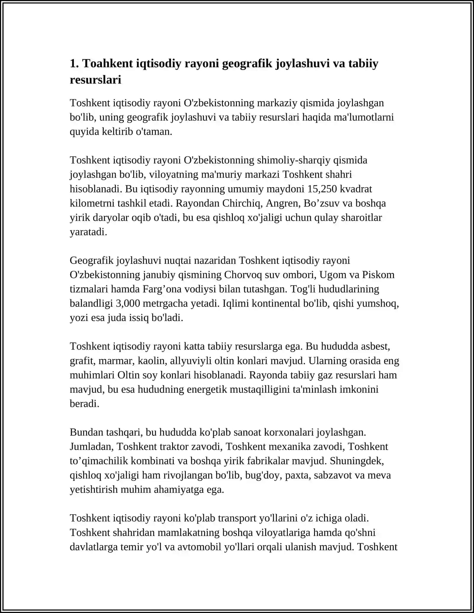 TOAHKENT IQTISODIY RAYONIDA ISHLAB CHIQARISH KUCHLARINING JOYLASHUVI VA RIVOJLANISHDA OZIGA XOSLIKLAR 4