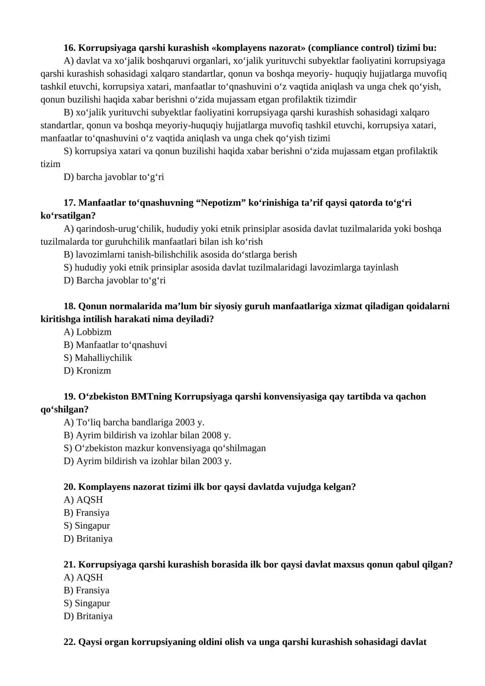 Korrupsiya va uni oldini olish bo‘yicha bilim darajalarini aniqlash yuzasidan 4