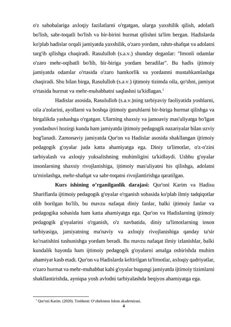 Qur’oni Karim, Hadisu Shariflarda ijtimoiy pedagogik g'oyalarning o'rni va ahamiyati 4
