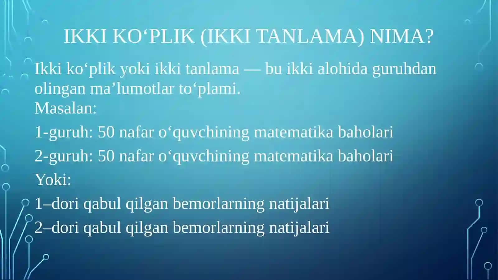 IKKI KO’PLIKNI TAQQOSLASH. STYUDENT VA FISHER MEZONLARI. Noparametrik mezonlar 4
