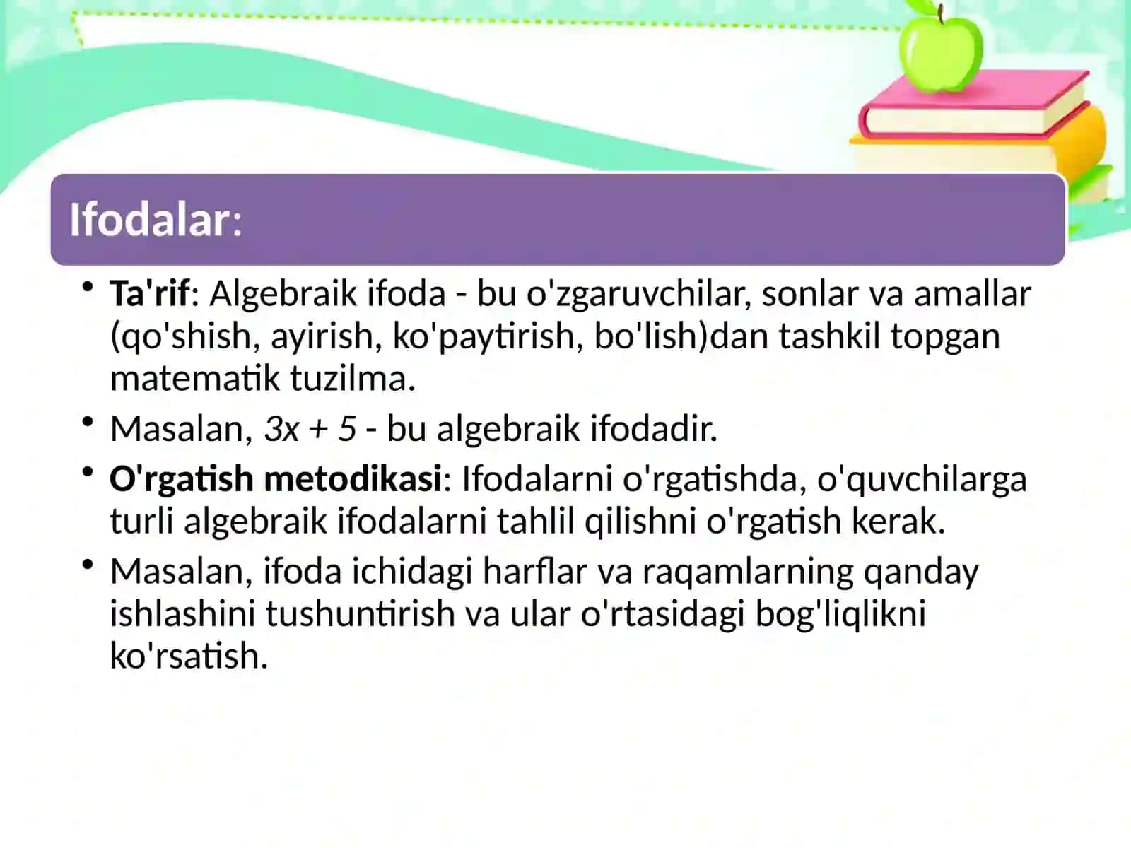 Algebra element o’rgatish metodikasi. Ulush va kasr. O’nli kasr 4