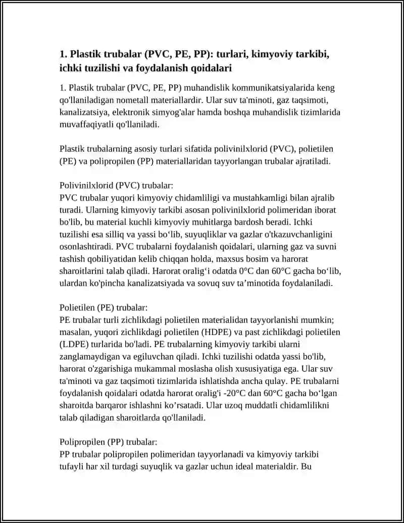 MUHANDISLIK KOMUNIKATSIYALARIDA FOYDALANUVCHI NOMETALL TASNIFI MATERIALLAR TARKIBI TUZILISHI FOYDALANISH QOIDALARI 4