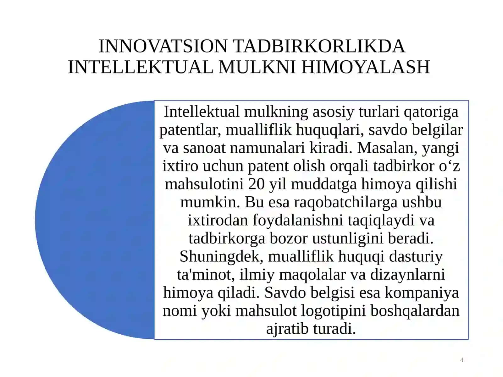 "INNOVATSION TADBIRKORLIKDA INTELLEKTUAL MULKNI HIMOYALASH" TAQDIMOT ISHI 4