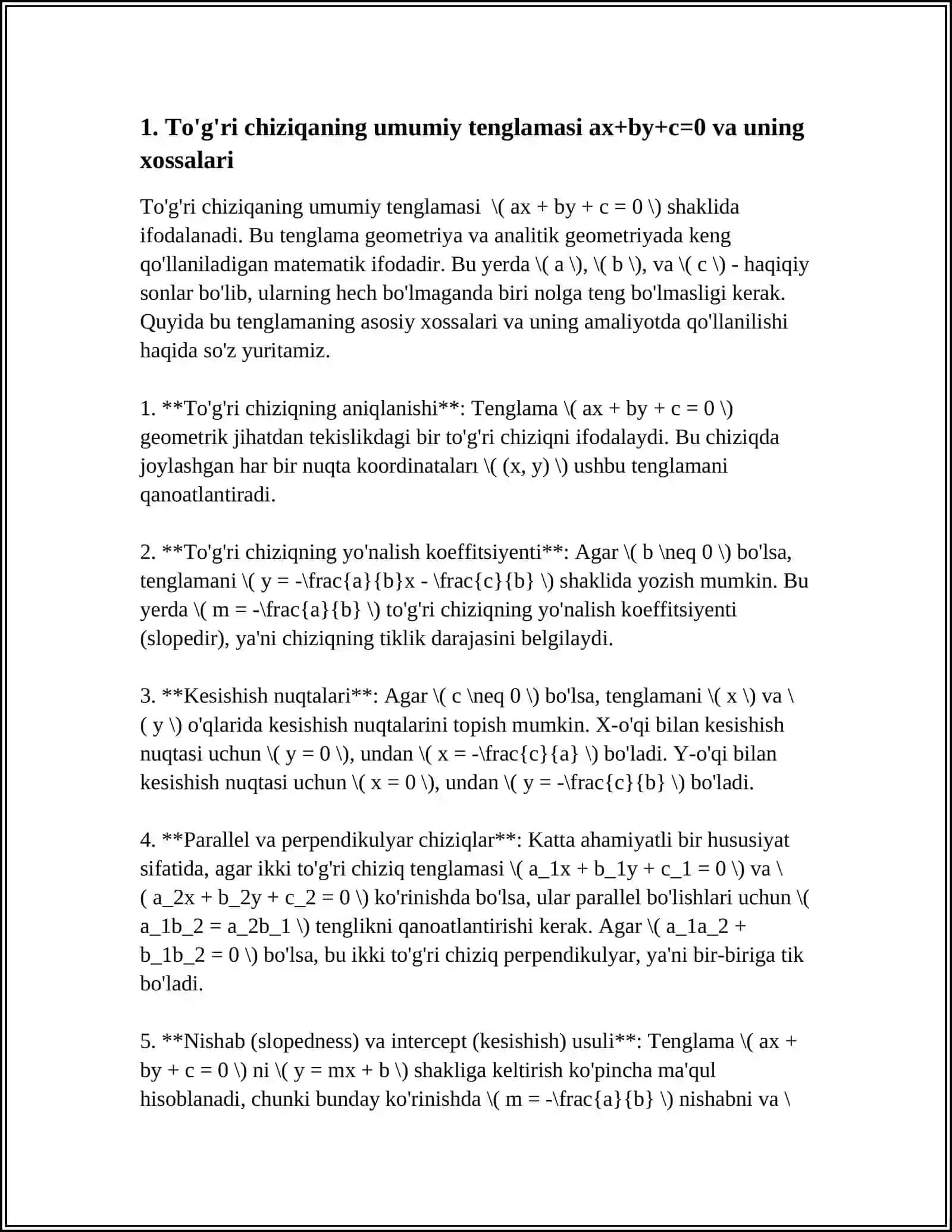 TEKISLIKDA ANALITIK GEOMETRIYA. TO'G'RI CHIZIQ VA UNING TENGLAMALARI.TO'G'RI CHIZIQLARGA DOIR AYRIM MASALALAR 4