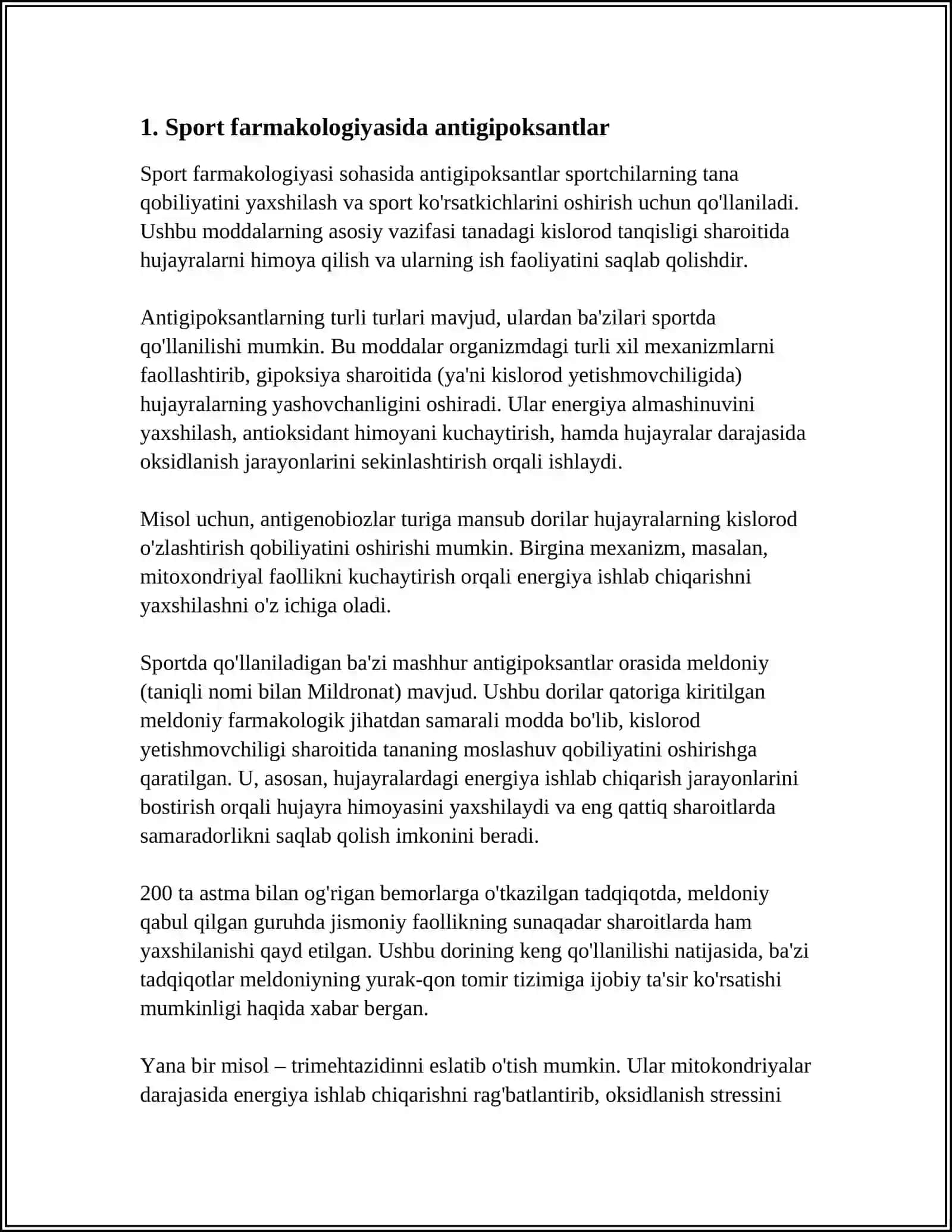 SPORT FARMAKOLOGIYASIDA QO‘LLANILADIGAN VOSITALAR.ANTIGIPOKSANTLAR, ANTIOKSIDANTLAR VA ADAPTOGEN PREPARATLAR 4