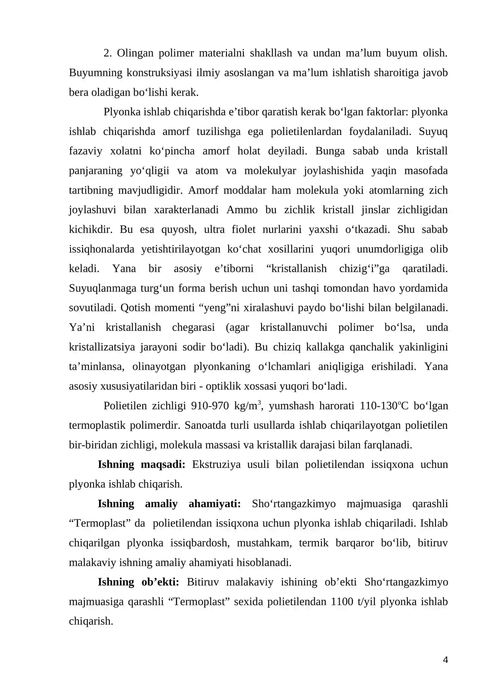 Ekstruziya usuli bilan polietilen asosida issiqxona uchun mo’ljallangan plyonka olish bo’limining loyihasi 4